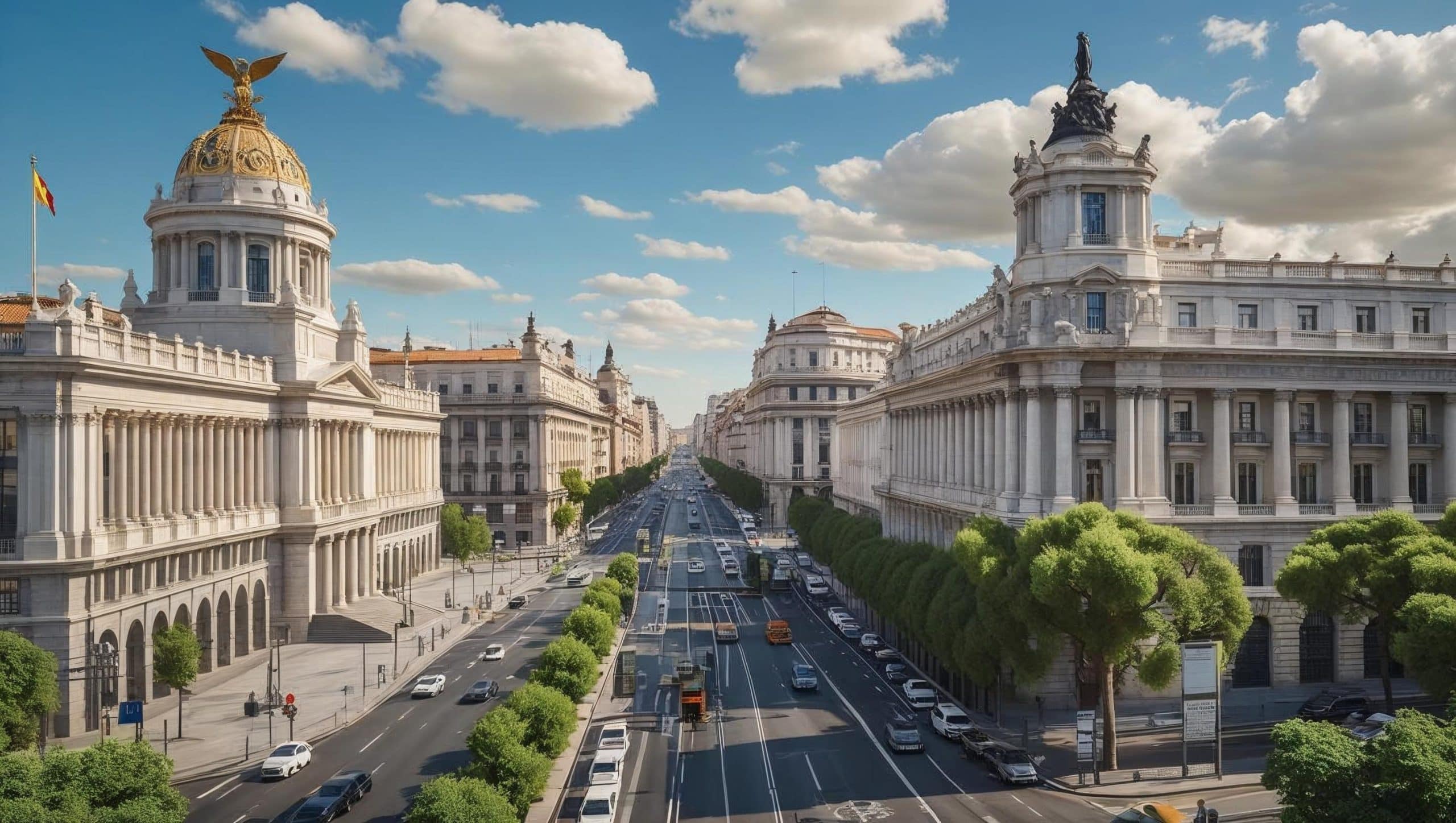 a grand boulevard in Madrid, Spain, flanked by neoclassical buildings with domes and sculptures
