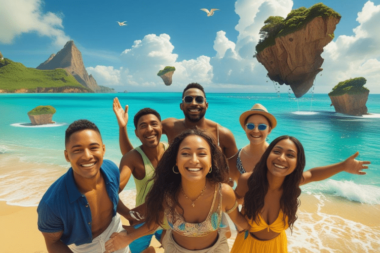 A group of six young adults joyfully poses for a picture on a stunning tropical beach