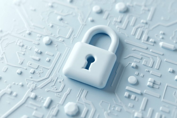 Close-up of a light-blue, stylized padlock resting on a light-blue surface resembling a circuit board.